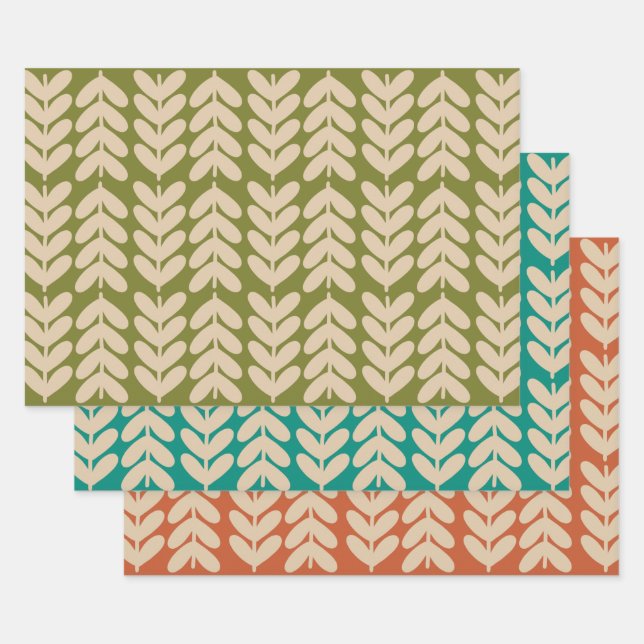 Leaves & Stems Scandinavian Botanical Pattern Trio Wrapping Paper Sheet (Set)