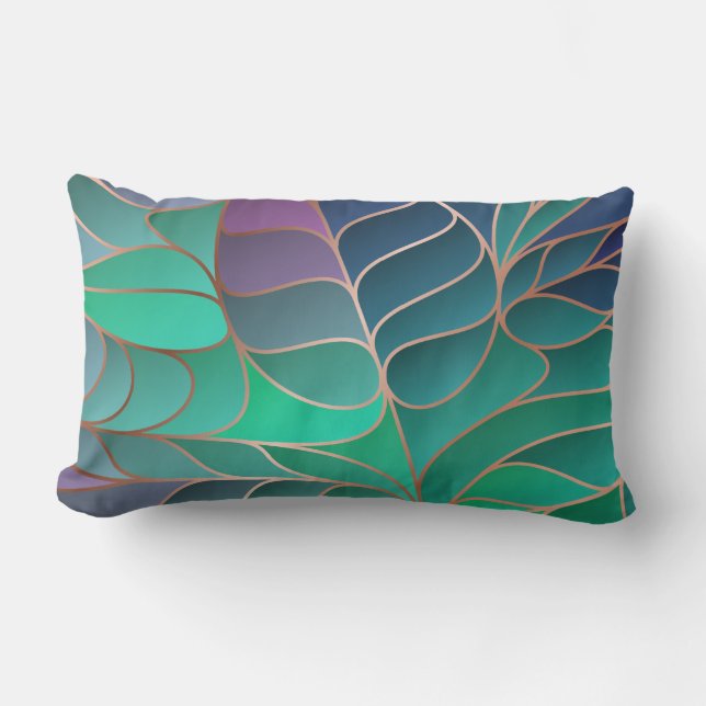 Leaves Teal, Aqua, and Purple New Art Nouveau Lumbar Cushion (Front)