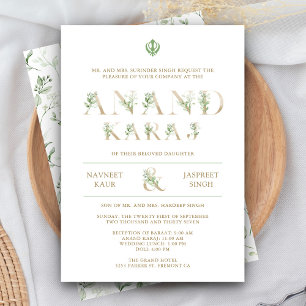 Leaves Typography White Anand Karaj Sikh Wedding Invitation