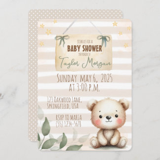 Leaves Watercolor Teddy Bear Invitation