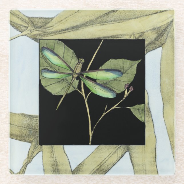 Leaves with Dragonfly Inset by Jennifer Goldberger Glass Coaster (Front)
