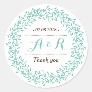 Leaves Wreath Monogram Wedding Thank You Sticker