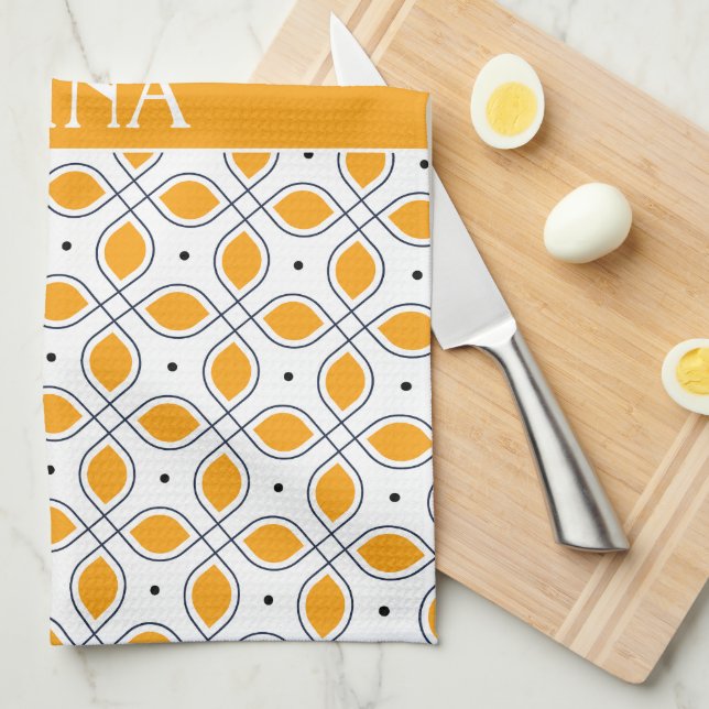 Leaves Yellow Black Minimal Pattern Tea Towel (Quarter Fold)