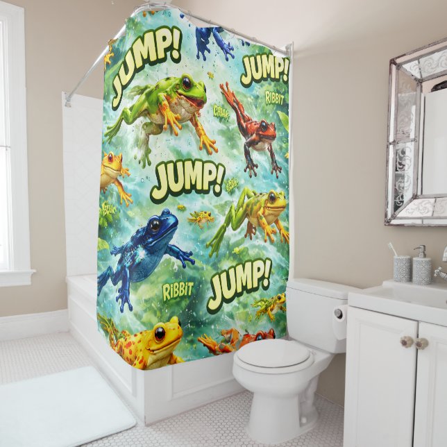 Leaving frogs fun whimsical shower curtain (In Situ)