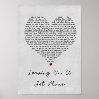 Leaving On A Jet Plane Grey Heart Song Lyric Print