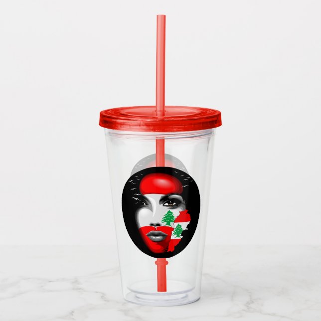 Lebanon Flag and Map on girl's face Acrylic Tumbler (Front)