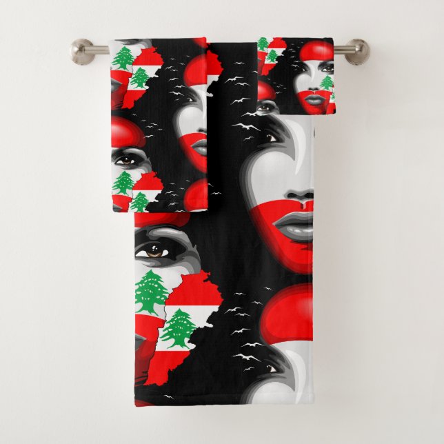 Lebanon Flag and Map on girl's face Bath Towel Set (Insitu)