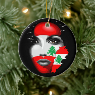 Lebanon Flag and Map on girl's face Ceramic Ornament