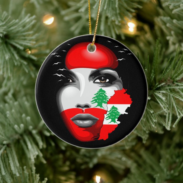 Lebanon Flag and Map on girl's face Ceramic Ornament (Tree)