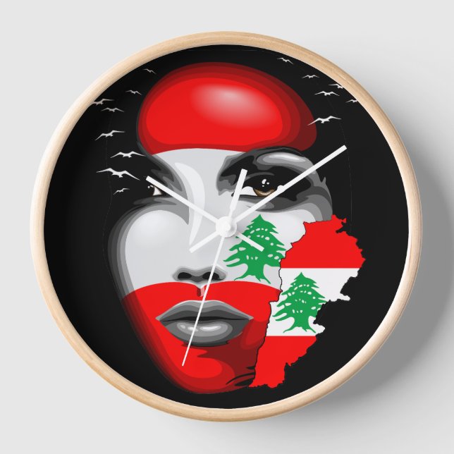 Lebanon Flag and Map on girl's face Clock (Front)