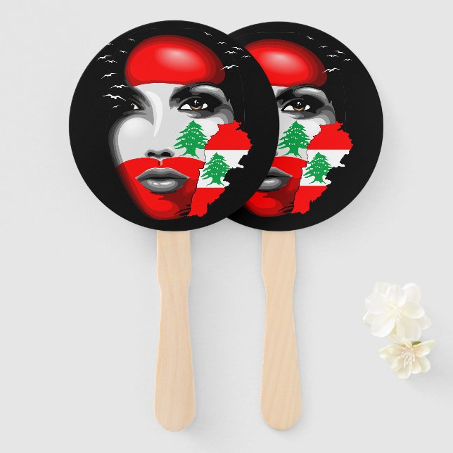 Lebanon Flag and Map on girl's face Hand Fan (Front and Back)