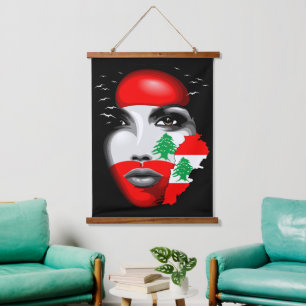 Lebanon Flag and Map on girl's face Hanging Tapestry
