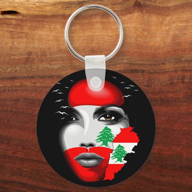 Lebanon Flag and Map on girl's face Key Ring (Front)