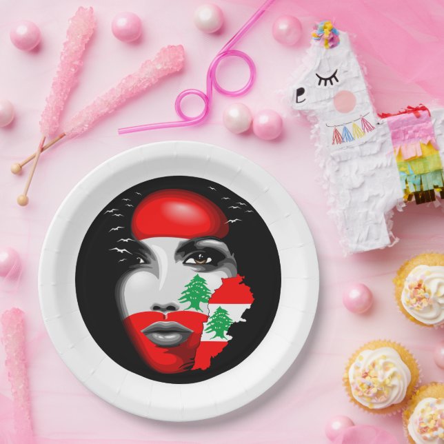Lebanon Flag and Map on girl's face Paper Plate (Party)