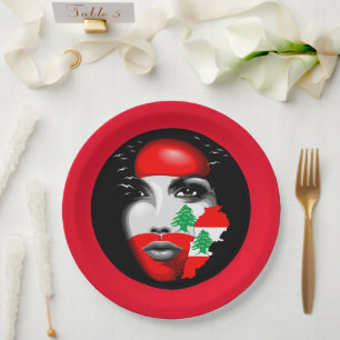 Lebanon Flag and Map on girl's face Paper Plate