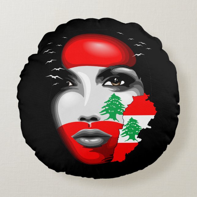 Lebanon Flag and Map on girl's face Round Cushion (Front)