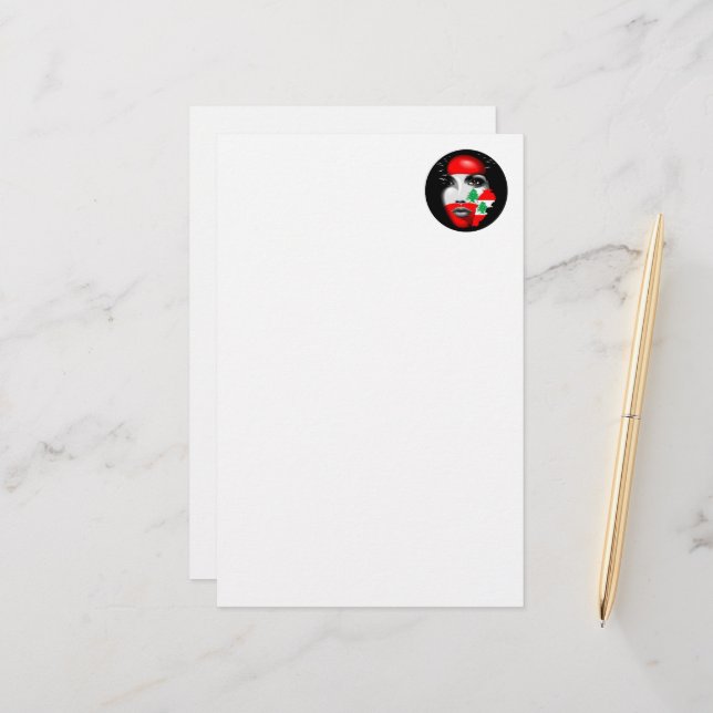 Lebanon Flag and Map on girl's face Stationery (Front/Back In Situ)