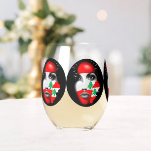 Lebanon Flag and Map on girl's face Stemless Wine Glass