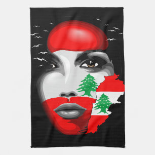 Lebanon Flag and Map on girl's face Tea Towel