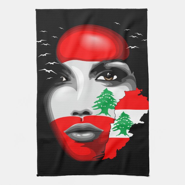 Lebanon Flag and Map on girl's face Tea Towel (Vertical)