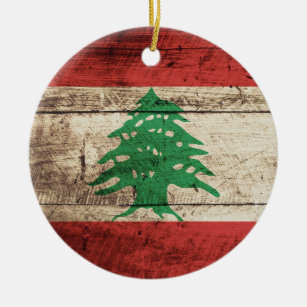 Lebanon Flag on Old Wood Grain Ceramic Ornament