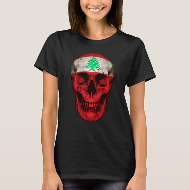 Lebanon Flag Skull Lebanese Roots Proud Patriotic T-Shirt (Front)