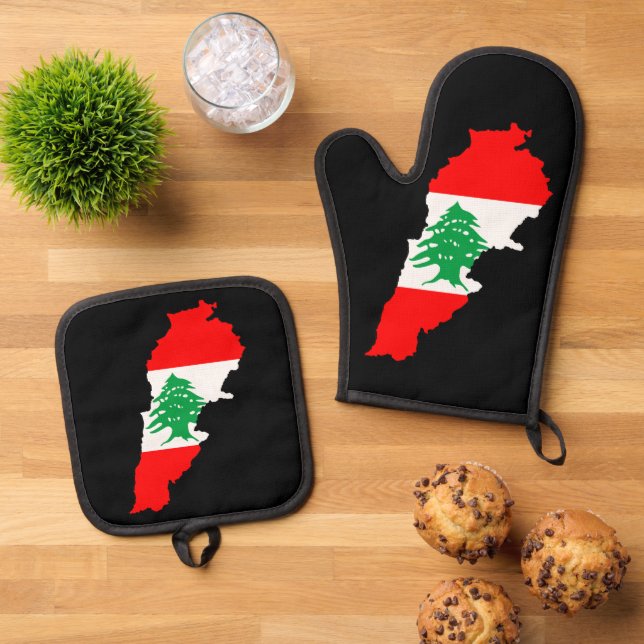Lebanon Map with Flag Oven Mitt & Pot Holder Set (Top Down)