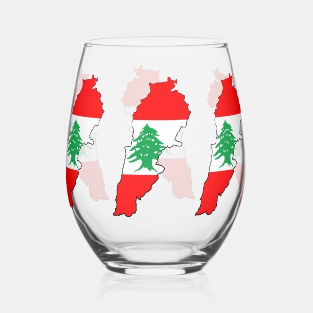 Lebanon Map with Flag Stemless Wine Glass (Front)
