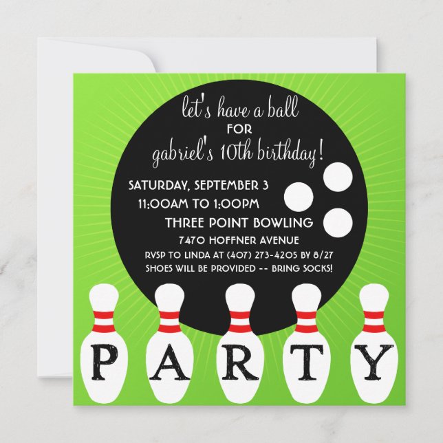 'Lectric Lime Pin Party Bowling Birthday Party Invitation (Front)