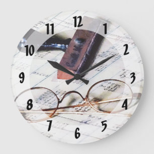 Ledger With Eyeglasses and Rubber Stamp Large Clock