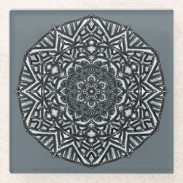 Ledras - Charcoal Mandala Glass Coaster (Front)