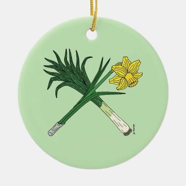 Leek and Daffodil Crossed Ceramic Tree Decoration (Front)