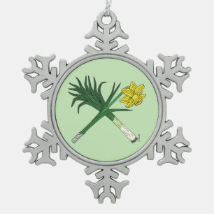 Leek and Daffodil Crossed Snowflake Pewter Christmas Ornament