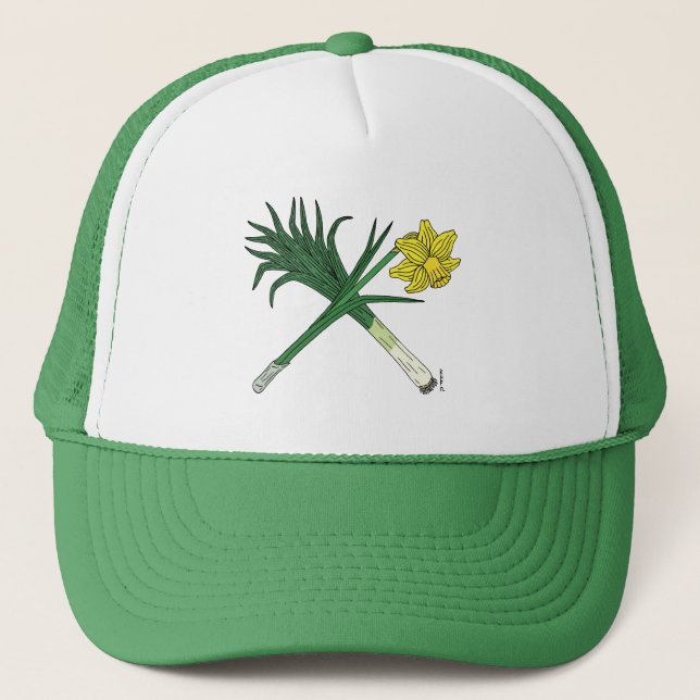 Leek and Daffodil Crossed Trucker Hat (Front)