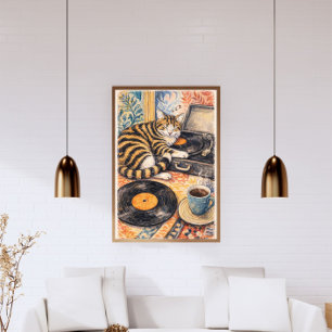 leeping Cat with Vinyl Record Player – Vintage Poster