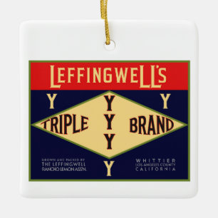 LEFFINGWELL'S TRIPLE Y BRAND WHITTIER CA CERAMIC ORNAMENT