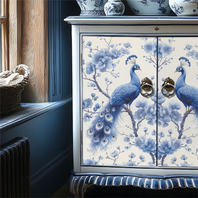 Left Floral Branches Blue Delft Peacock Decoupage Tissue Paper (Creator Uploaded)