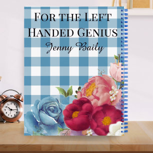 Left-Handed Blue Plaid Floral Personalized Design  Notebook