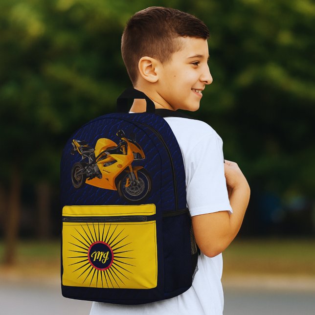 Left-Handed Yellow Motorcycle Monogram School Boys Printed Backpack (Creator Uploaded)