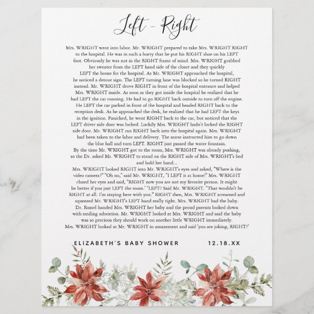 Left - Right | Baby Shower Game (Front)