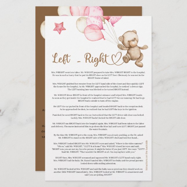 Left  Right teddy bear baby shower (Front/Back)