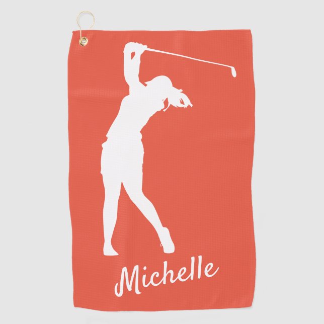 Lefthanded "golfer Michelle" orange red Golf Towel (Front)