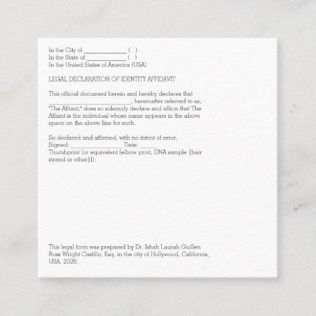 Legal Declaration of Identification Affidavit Enclosure Card (Front)