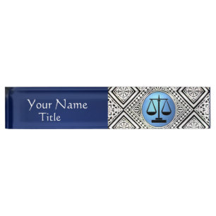 LEGAL OFFICE, ATTORNEY BLUE BLACK WHITE DAMASK NAMEPLATE