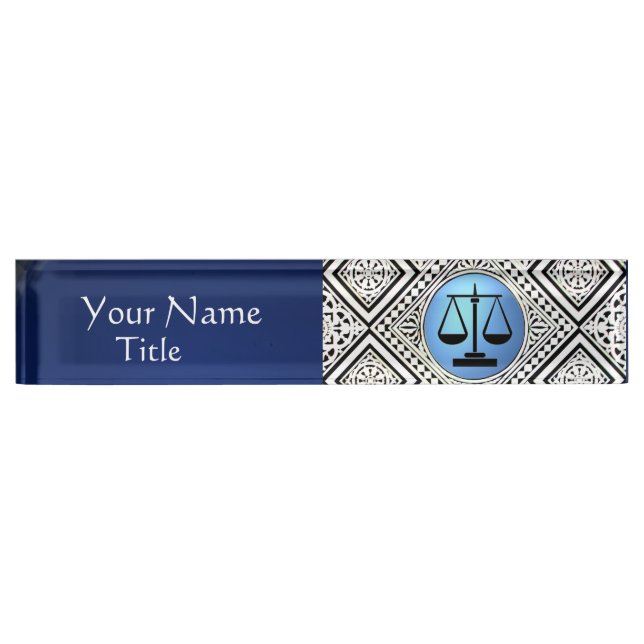 LEGAL OFFICE, ATTORNEY BLUE BLACK WHITE DAMASK NAMEPLATE (Front)