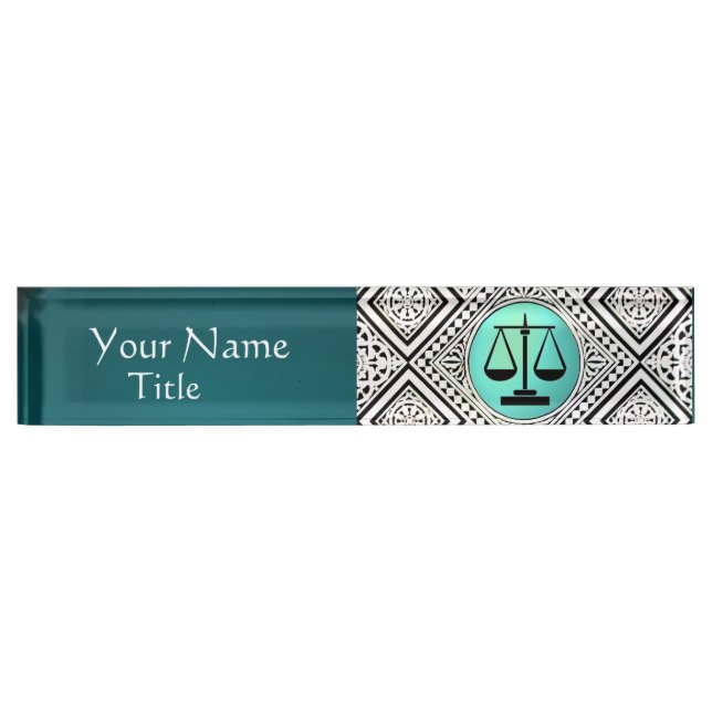 LEGAL OFFICE,ATTORNEY TEAL BLUE GREEN WHITE DAMASK NAMEPLATE (Front)