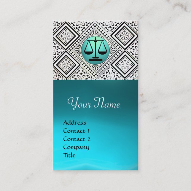 LEGAL OFFICE, ATTORNEY TEAL BLUE WHITE DAMASK BUSINESS CARD (Front)