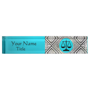 LEGAL OFFICE, ATTORNEY TEAL BLUE WHITE DAMASK NAMEPLATE