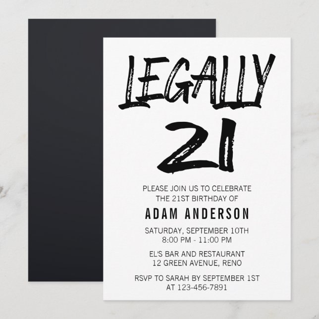 Legally 21 Modern Black And White 21st Birthday Invitation (Front/Back)