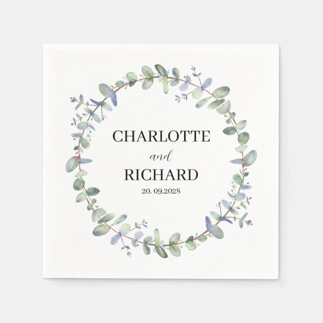 legant Eucalyptus Wreath Personalised Wedding  Napkin (Front)